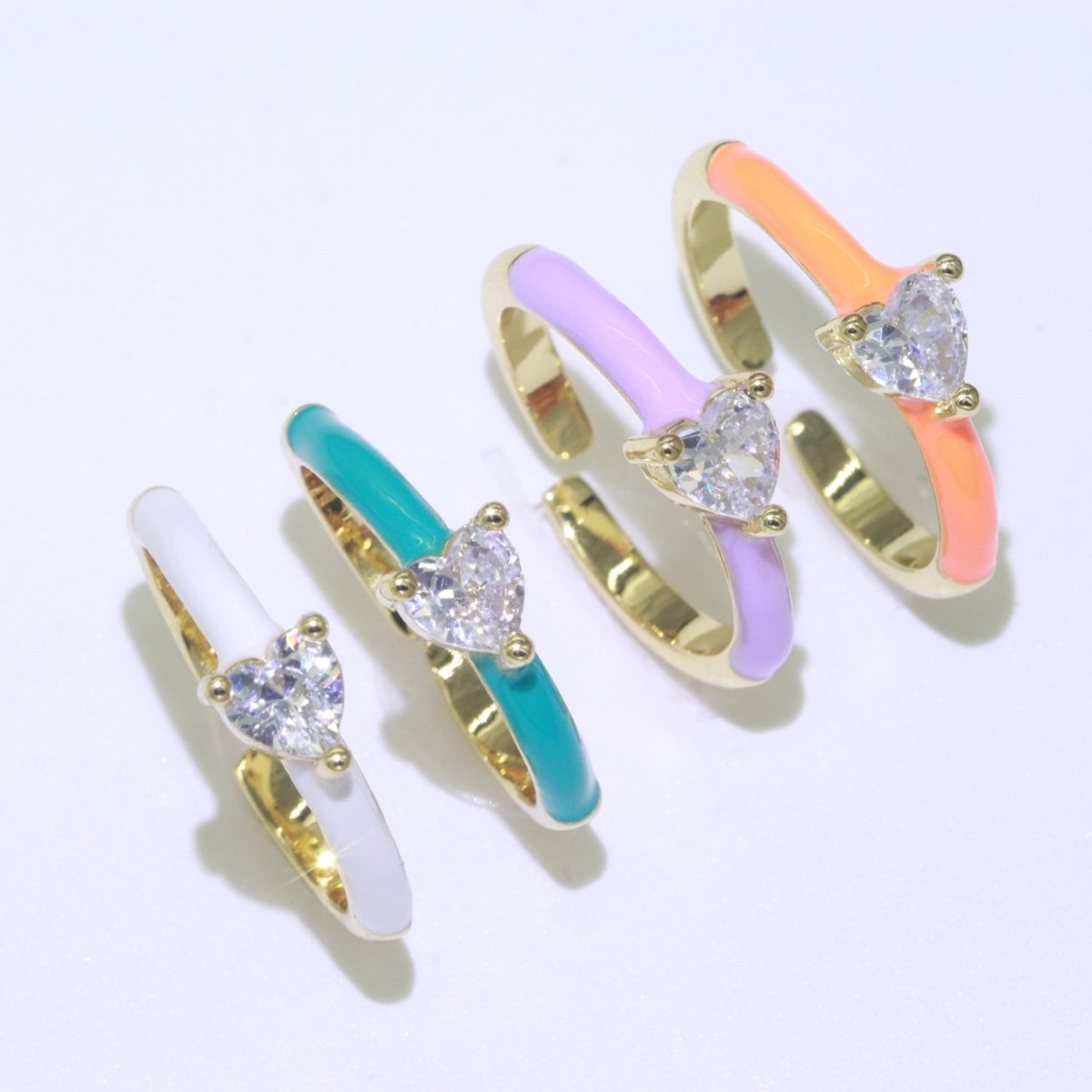 Heart Cz Ring Adjustable Gold Ring, Colorful Pastel Enamel Ring, Stackable Ring Black White Pink blue Green Ring for Women O-910~O-919 - DLUXCA