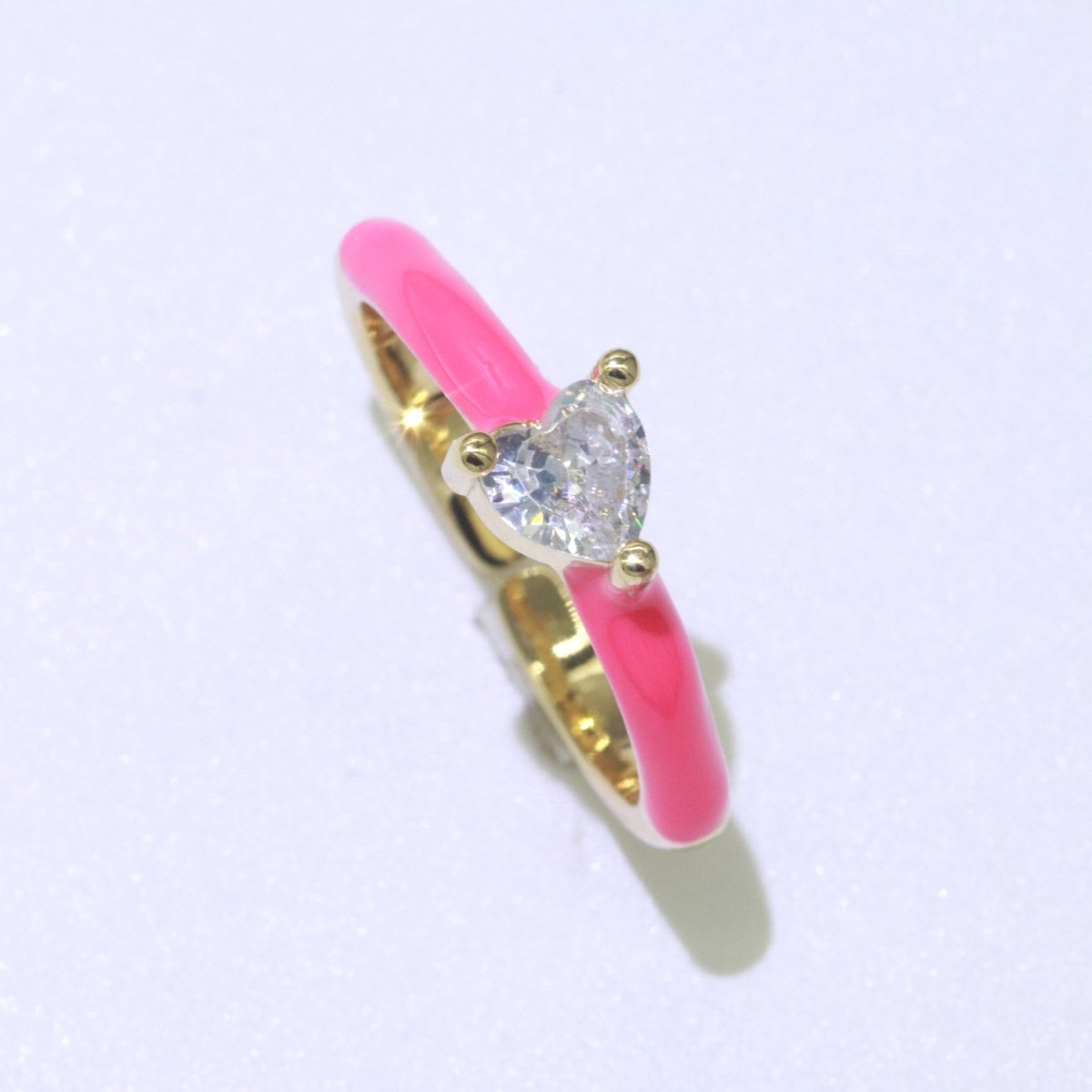 Heart Cz Ring Adjustable Gold Ring, Colorful Pastel Enamel Ring, Stackable Ring Black White Pink blue Green Ring for Women O-910~O-919 - DLUXCA