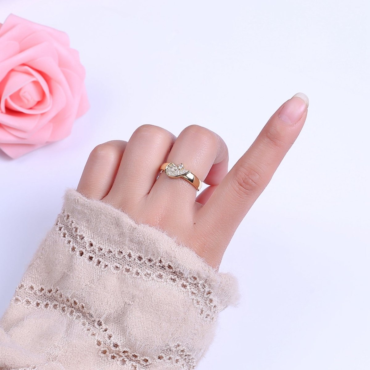 Heart Ring Set For Couples Matching Gold CZ Rings Anniversary Gift For Her Gift Adjustable Rings S-484 S-485 - DLUXCA