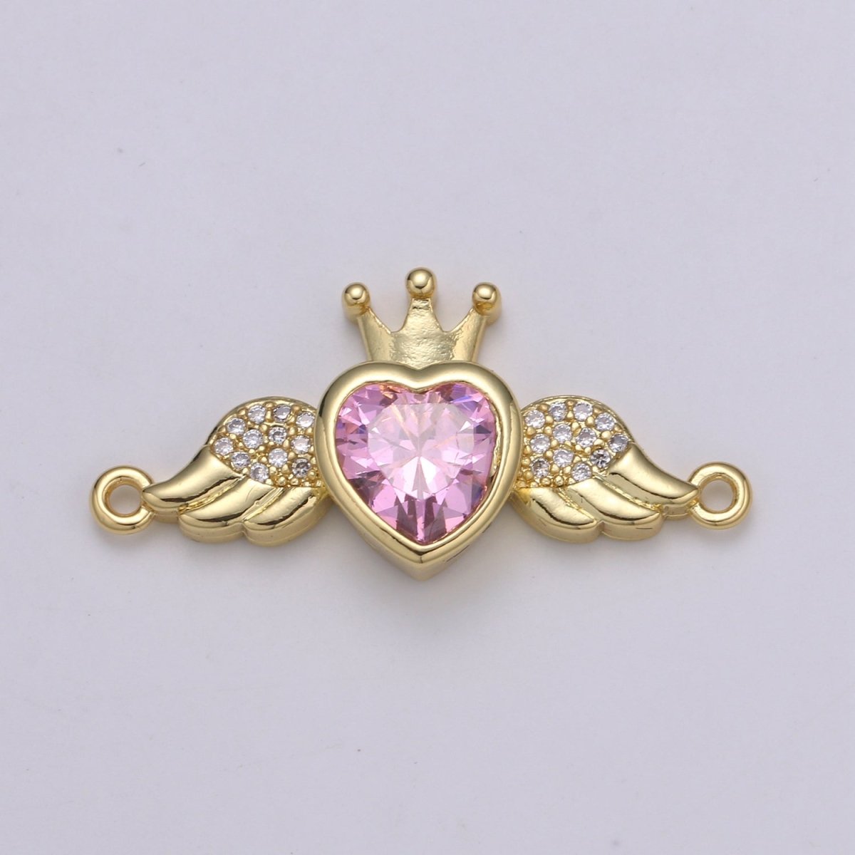 Heart Solitaire CZ 24K Gold Connector, Angel Adjustable Gold Connector, Wings, Red & Pink Cubic Zirconia Connector F-570 F-571 - DLUXCA