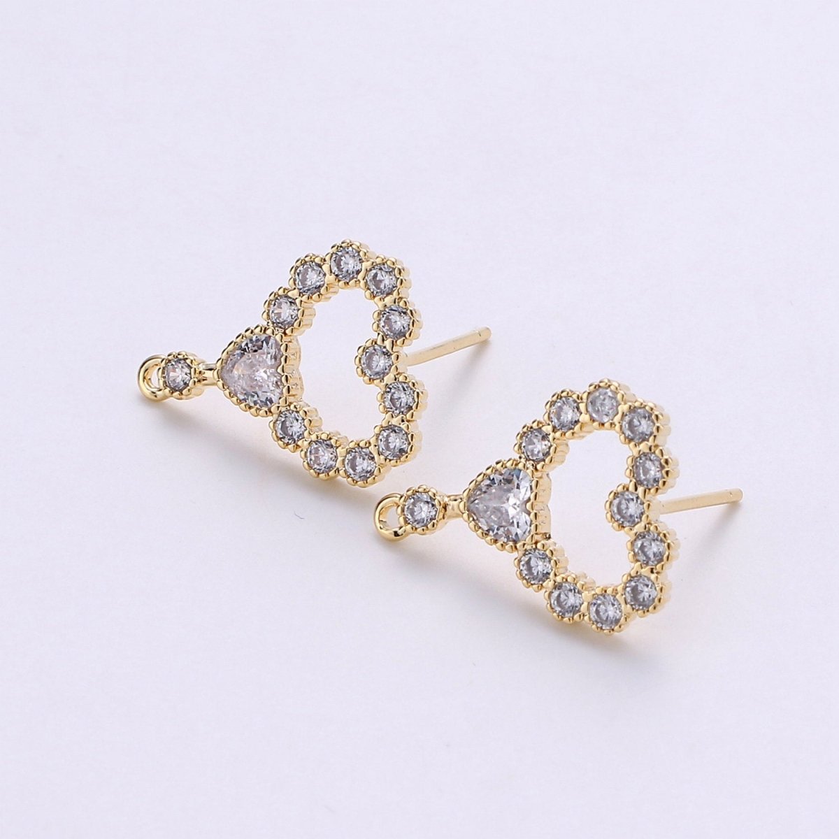 Heart Stud Earring Charm • 24k Gold Filled• Micro Pave Heart • Jewelry Making Supplies • Open Ring Attached for Jewelry Making Supply, K-402 - DLUXCA
