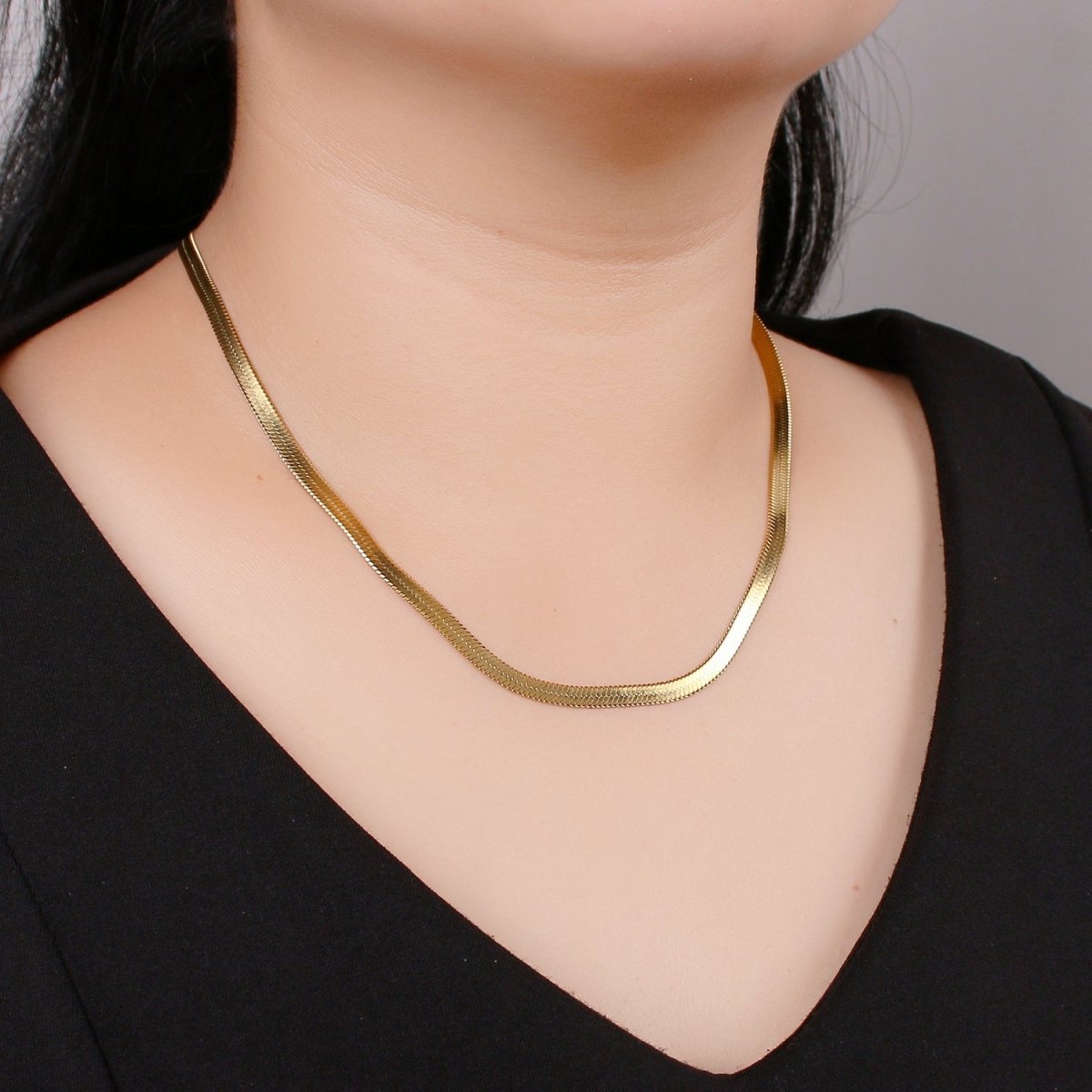 Herringbone Chain Necklace | 24K Gold Plated Herringbone Chain, Layered Necklace, Flat Snake Chain, Skinny Gold Chain Everyday Wear | Stainless Steel, Gold Plated | 17.5", 17.8", 18" | 2.5mm, 3mm, 4.3mm | CN-915 916 917 918 Clearance Pricing - DLUXCA
