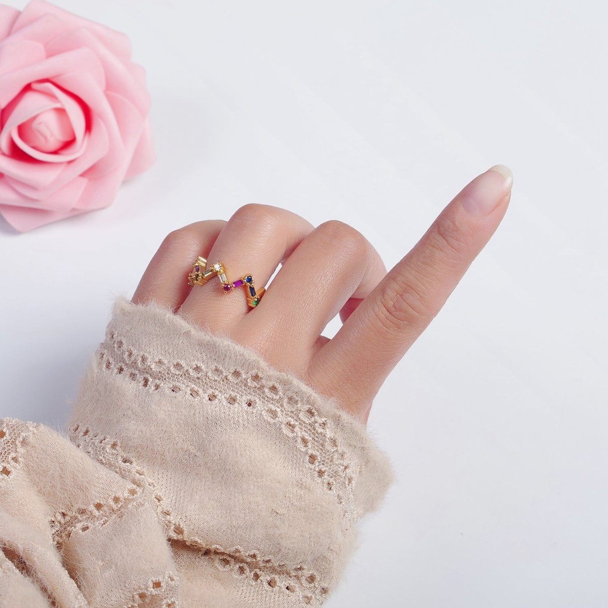 Highs And Lows Ring Baguette ZigZag Ring in 14k Gold Filled Colorful CZ Statement Ring Stackable CZ Ring O-2120 - DLUXCA