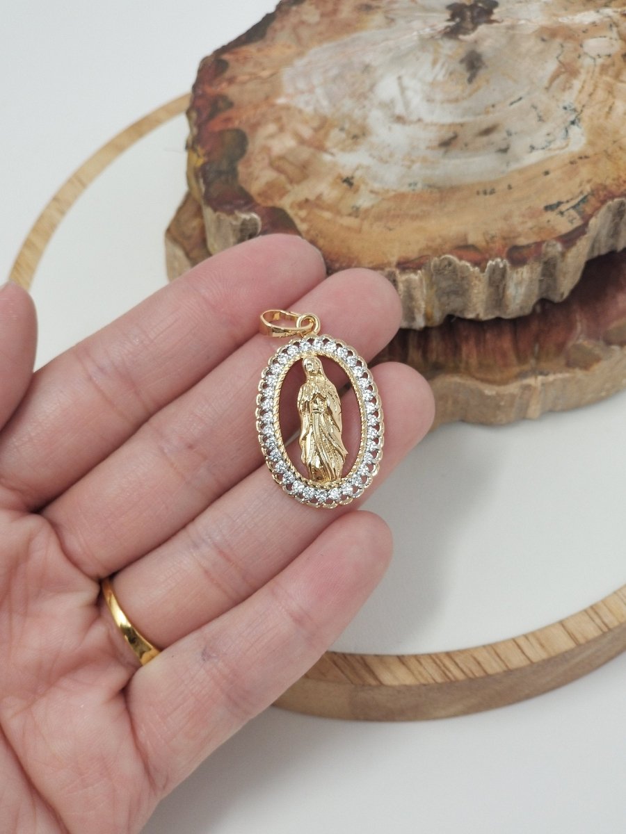 Holy Mother Virgin Mary Pray For Us Gold Filled Necklace, Vintage Design Pendant Cubic Zirconia, Religious Catholic Findings Jewelry H-183 I-755 - DLUXCA
