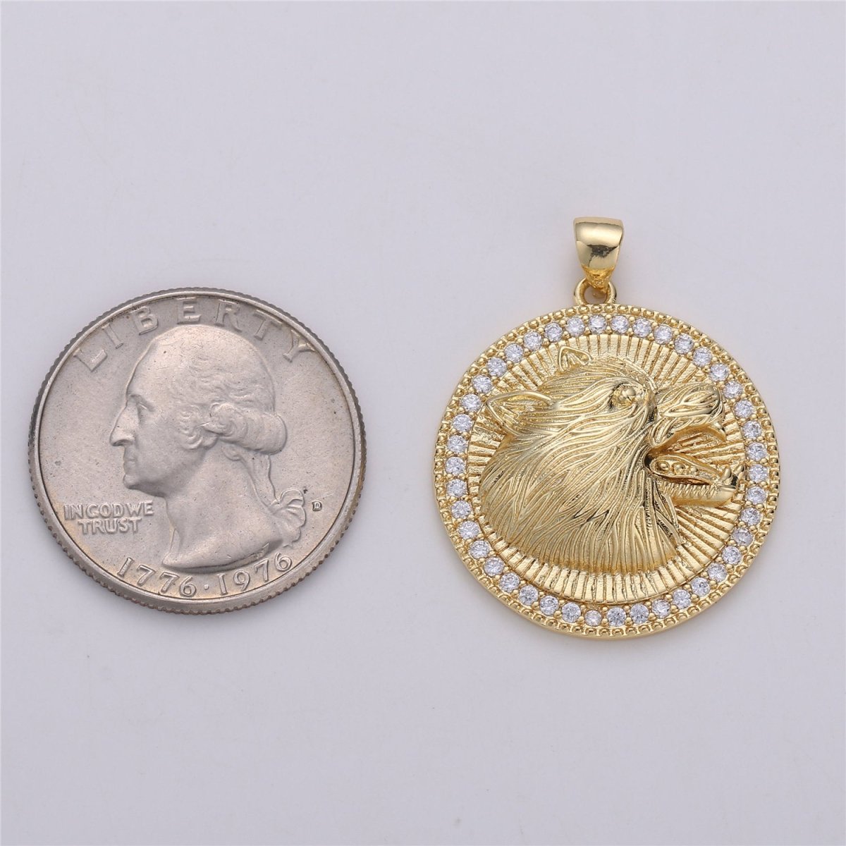 Howling Wolf Charm - 24k gold Filled Medallion Pendant The Wolf of Wall Street Pendant, Micro Pave Wolf Moon Charm for Statement Necklace I-579 - DLUXCA
