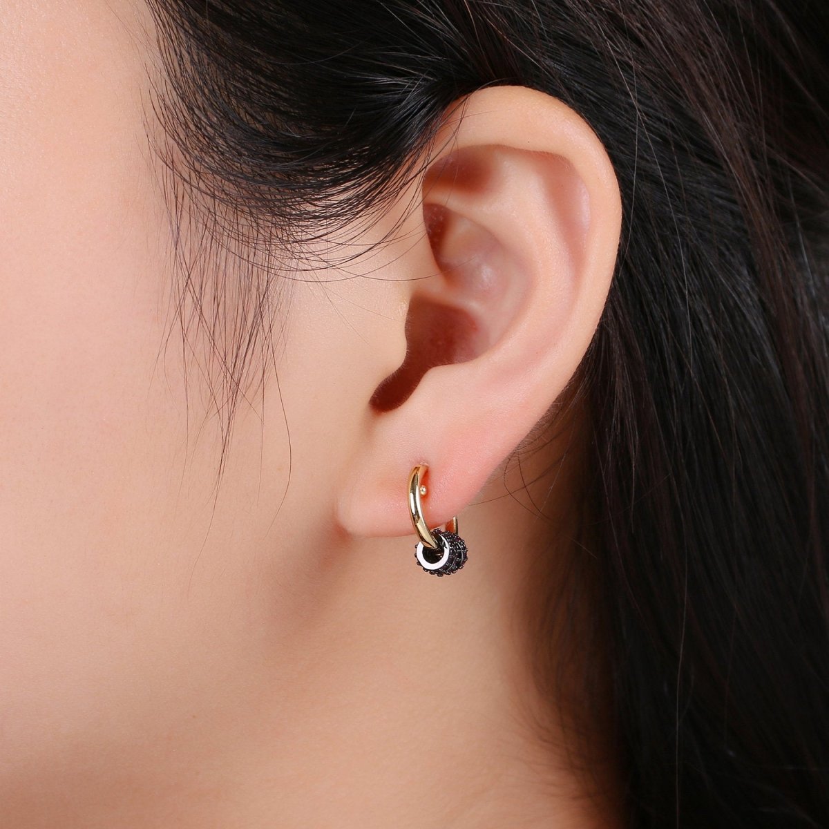 Huggie Earring with Mini Circles 14k Gold Filled Earring Cubic Zirconia Micro Pave Black, Green Gold Statement Earring K-563 K-565 K-566 - DLUXCA