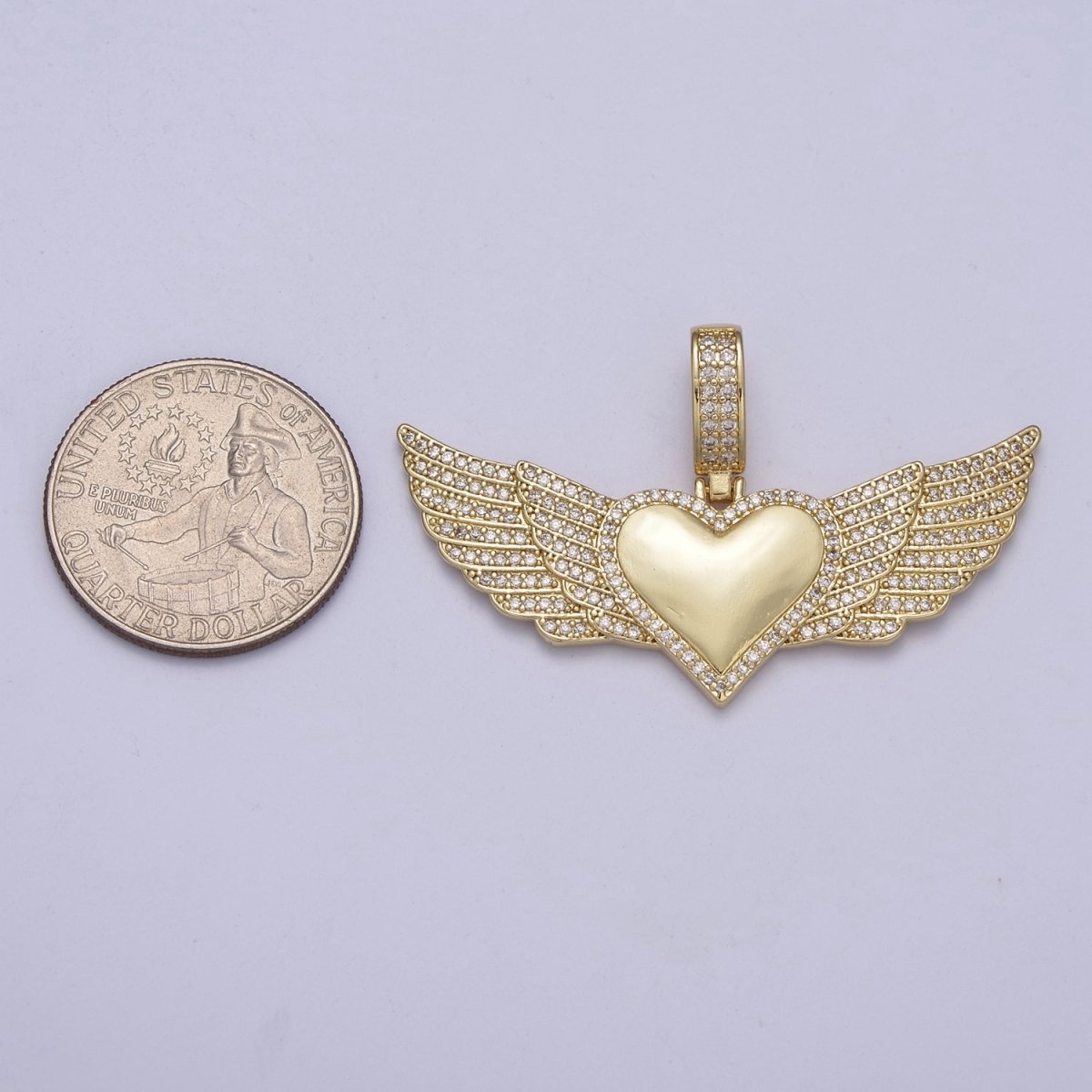 Iced Winged Heart Charm Necklace Protection Pendant Cubic Zirconia Guardian Angel Wing H-318 - DLUXCA