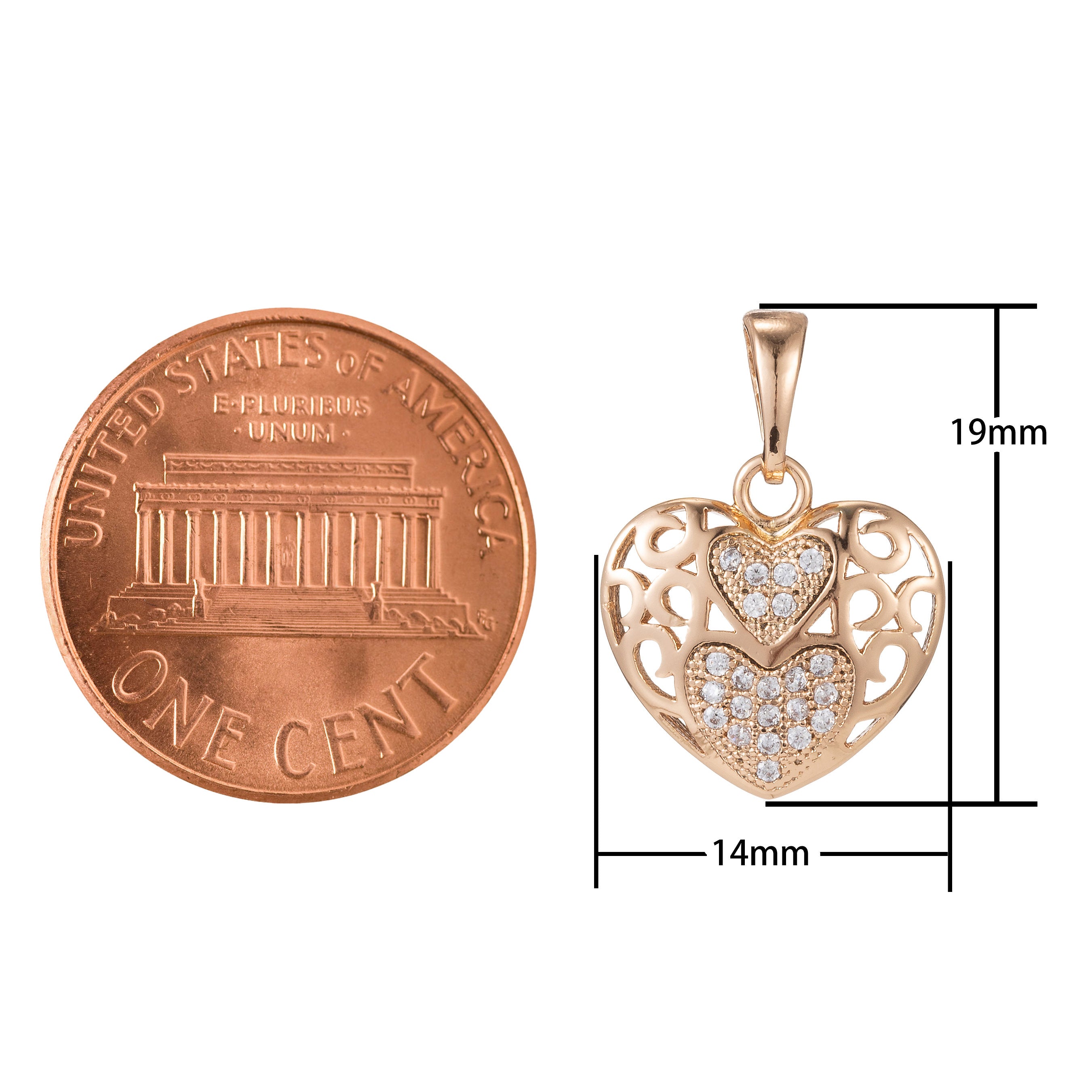 1pc 18k Gold Filled Micro Pave CZ Heart Pendant Charm, Heart with heart Pendant Charm, Linked Locked Heart Pendant, For DIY Jewelry - DLUXCA