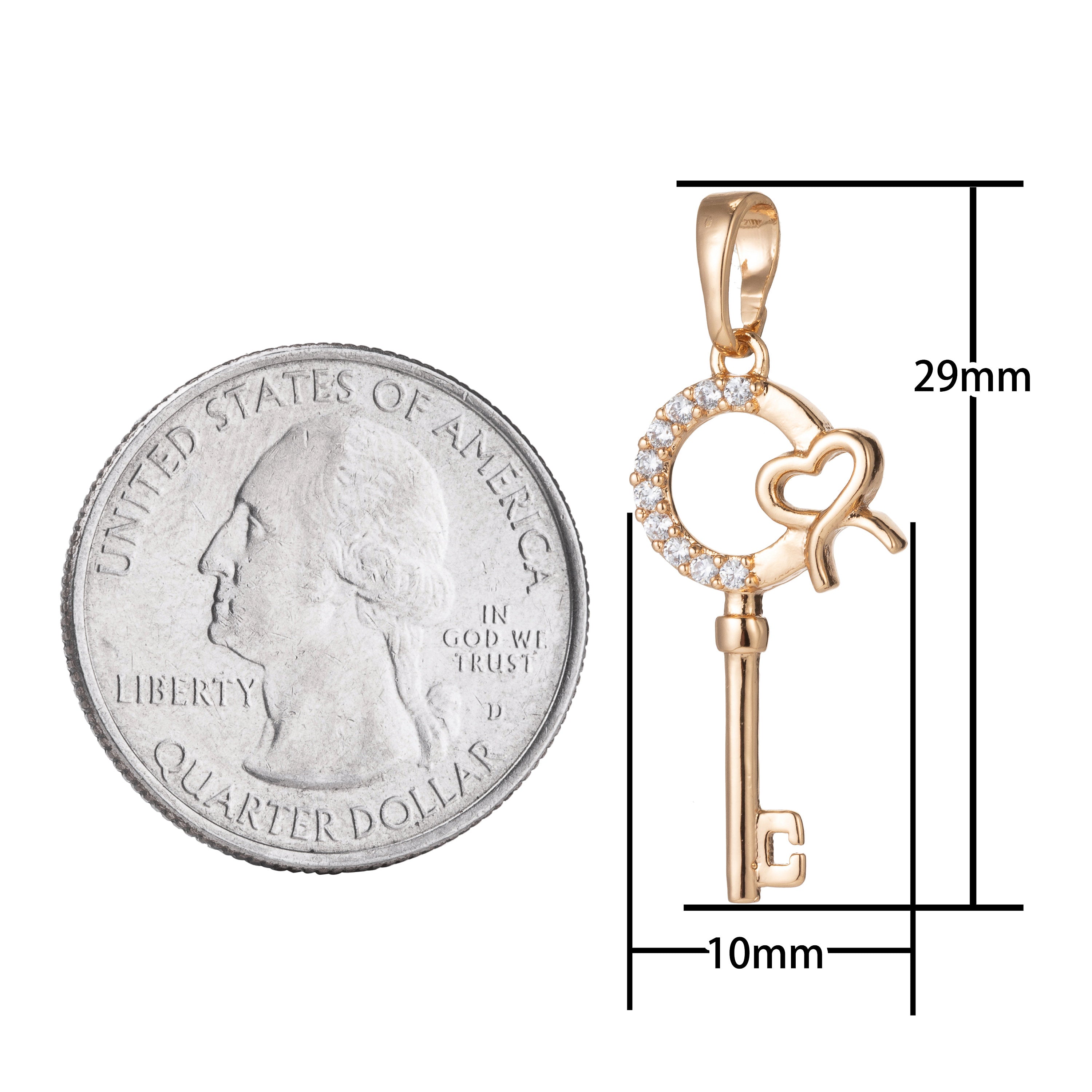 1pc 18k Gold Filled Micro Pave CZ Heart Key Pendant Charm, Micro Pave CZ Key Pendant Charm, Gold Filled Key Pendant, For DIY Jewelry - DLUXCA