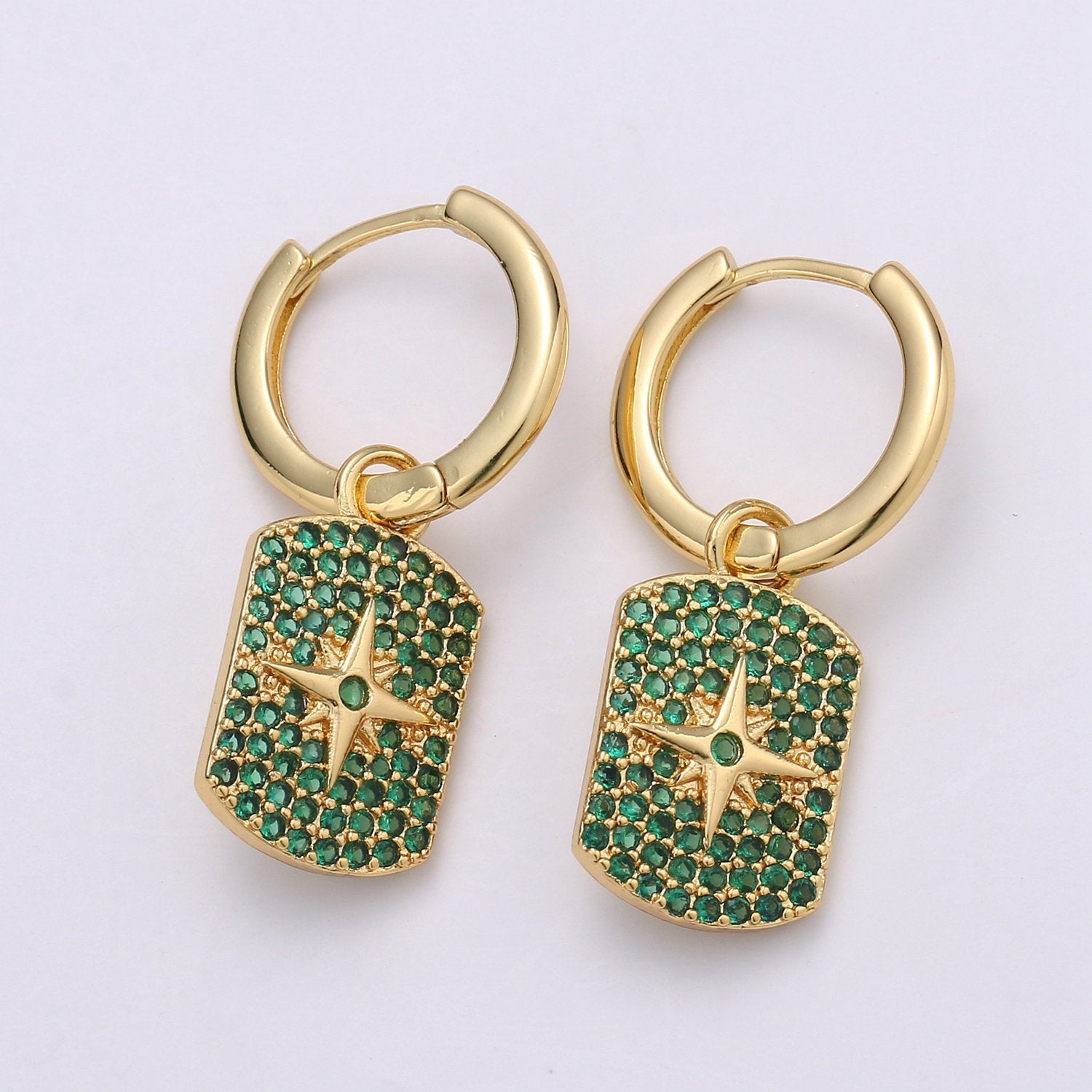 Celestial Star earrings, Celestial Star Huggie Earrings, Green and Blue pave Hoop Earrings, Hoop Earrings, Huggie Earrings - DLUXCA