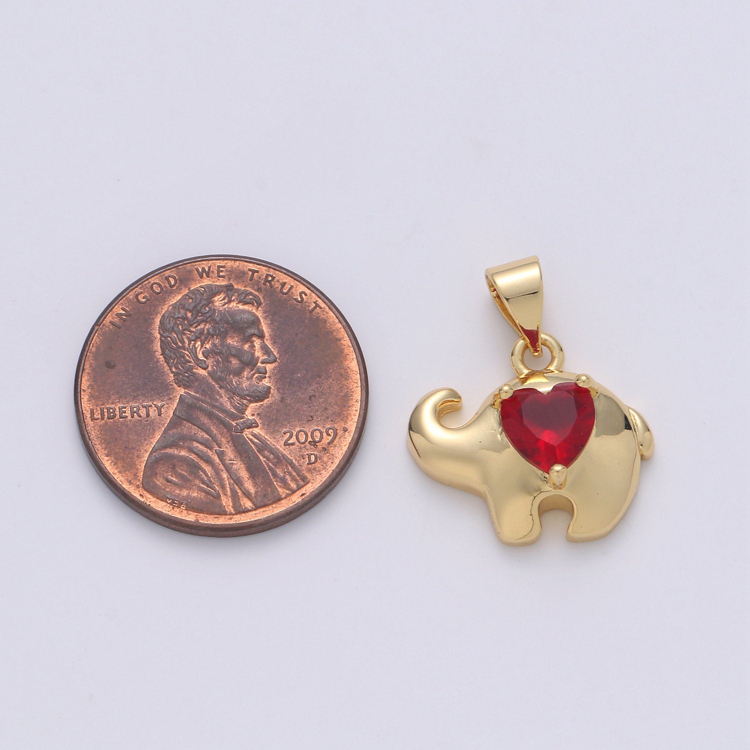 14k Gold Filled  Elephant lined Ruby Heart Pendant Charm  ,  Elephant with red bead Pendant Charm, Gold Filled Pendant, For DIY Jewelry - DLUXCA