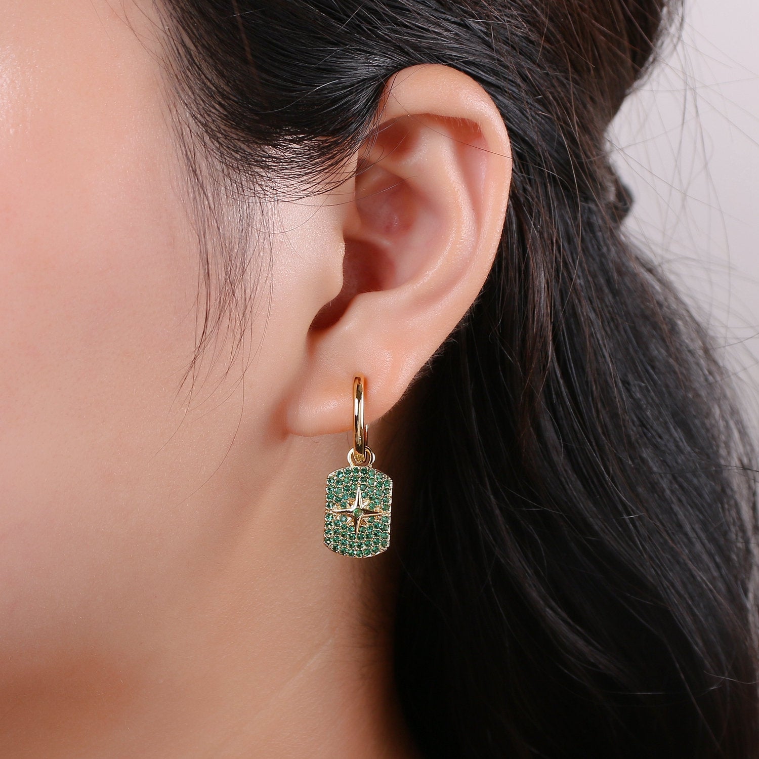 Celestial Star earrings, Celestial Star Huggie Earrings, Green and Blue pave Hoop Earrings, Hoop Earrings, Huggie Earrings - DLUXCA