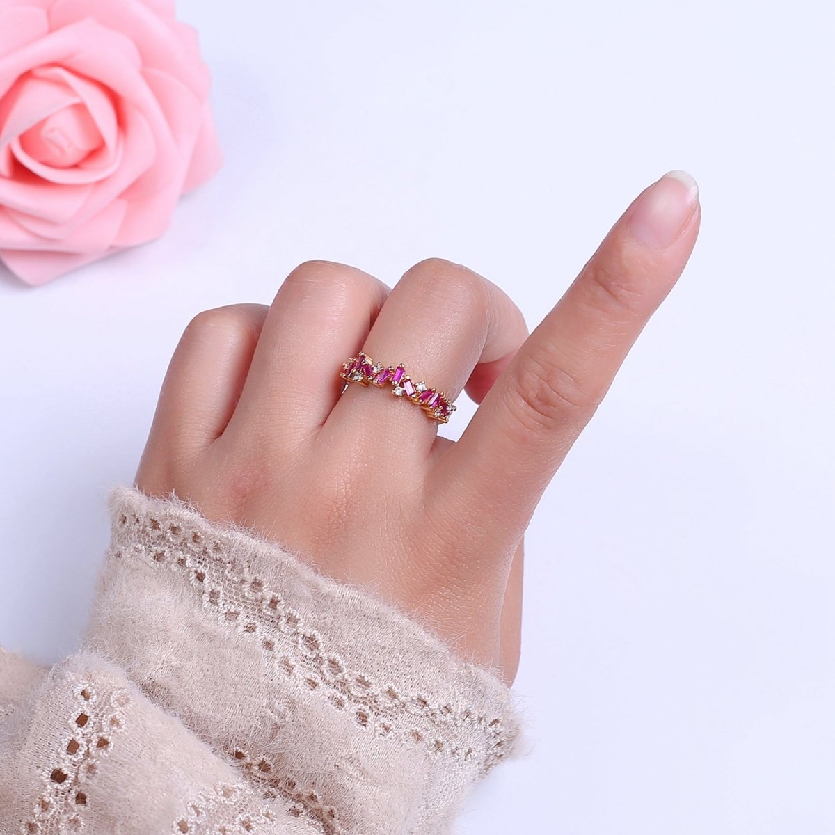 Irregular Baguette Color Stone Half Eternity Stackable Ring Stacking Gold Filled Bands Open Adjustable Ring O-2095 ~ O-2100 - DLUXCA