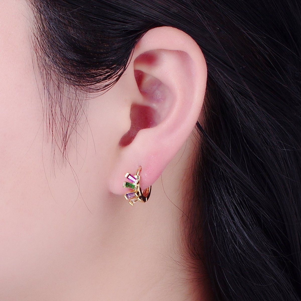 Irregular Baguette Purple Green Pink Cz Stone Huggie Earring T-523 - DLUXCA