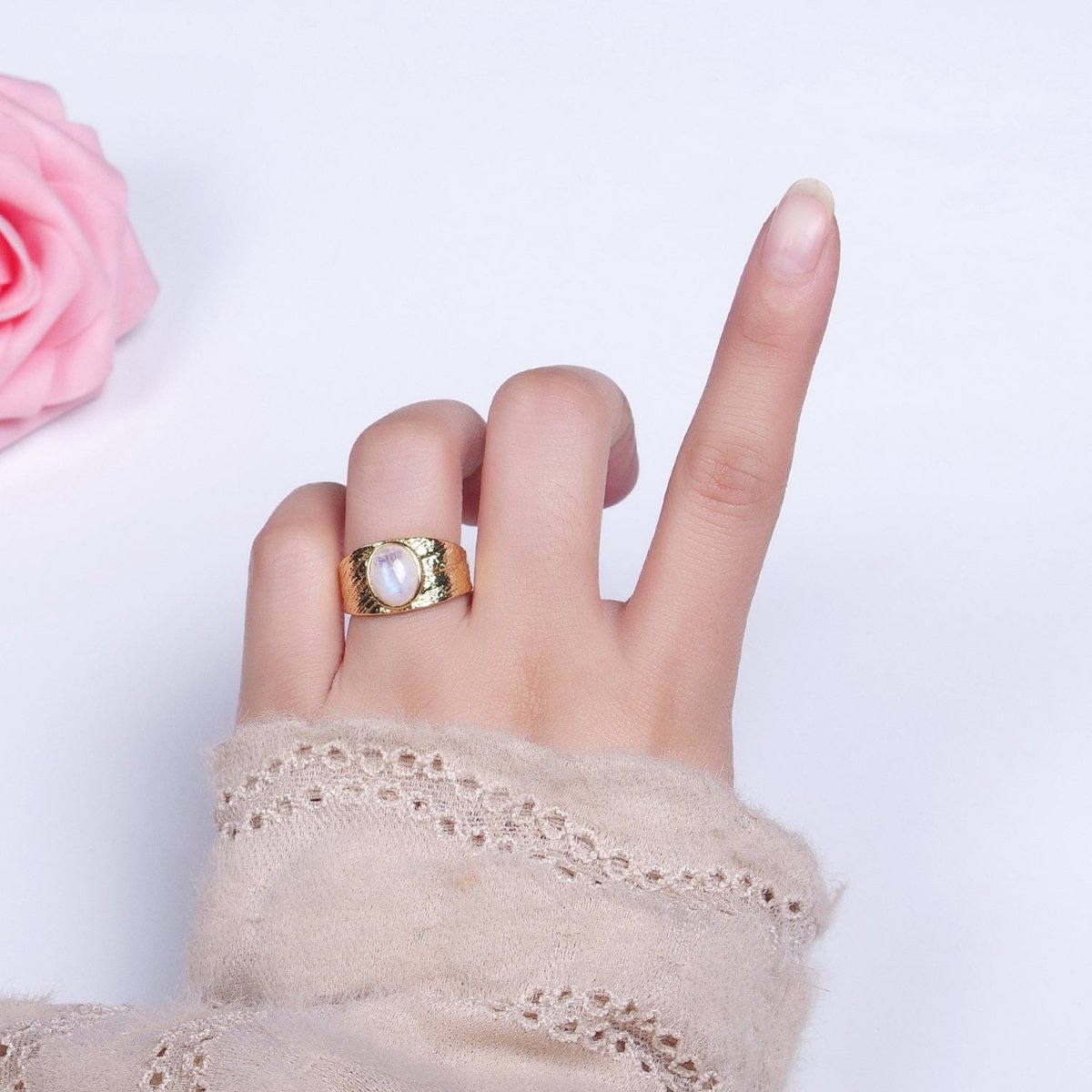 Labradorite, Moonstone Natural Gemstone Oval Line-Textured Gold Band Ring | O-1862~O-1863 - DLUXCA