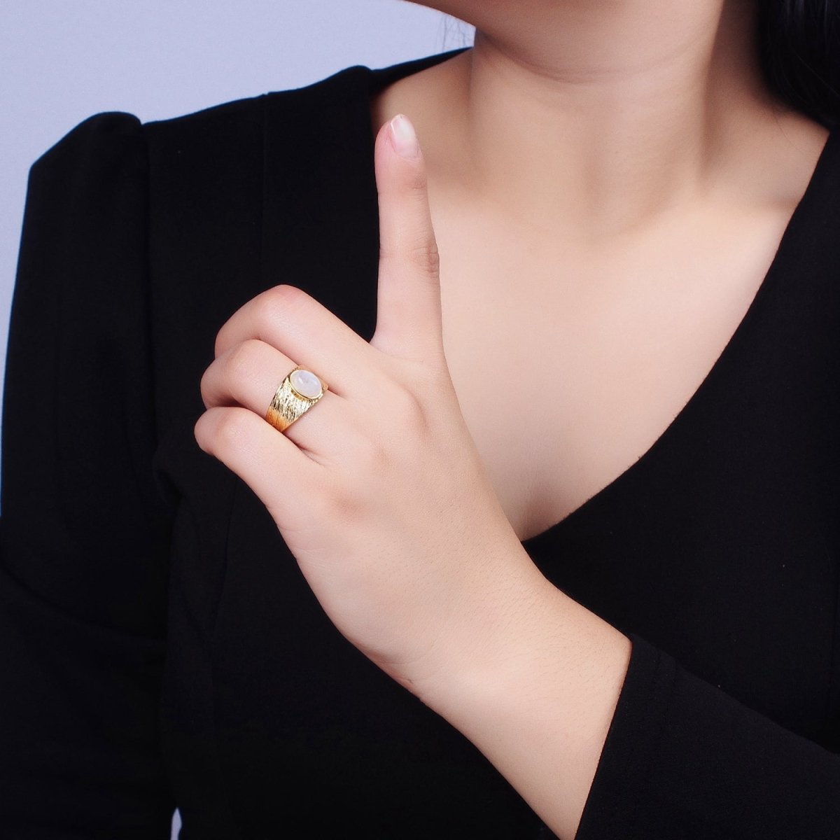 Labradorite, Moonstone Natural Gemstone Oval Line-Textured Gold Band Ring | O-1862~O-1863 - DLUXCA