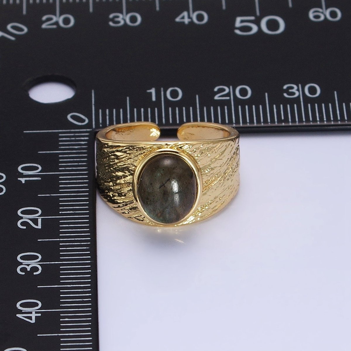 Labradorite, Moonstone Natural Gemstone Oval Line-Textured Gold Band Ring | O-1862~O-1863 - DLUXCA