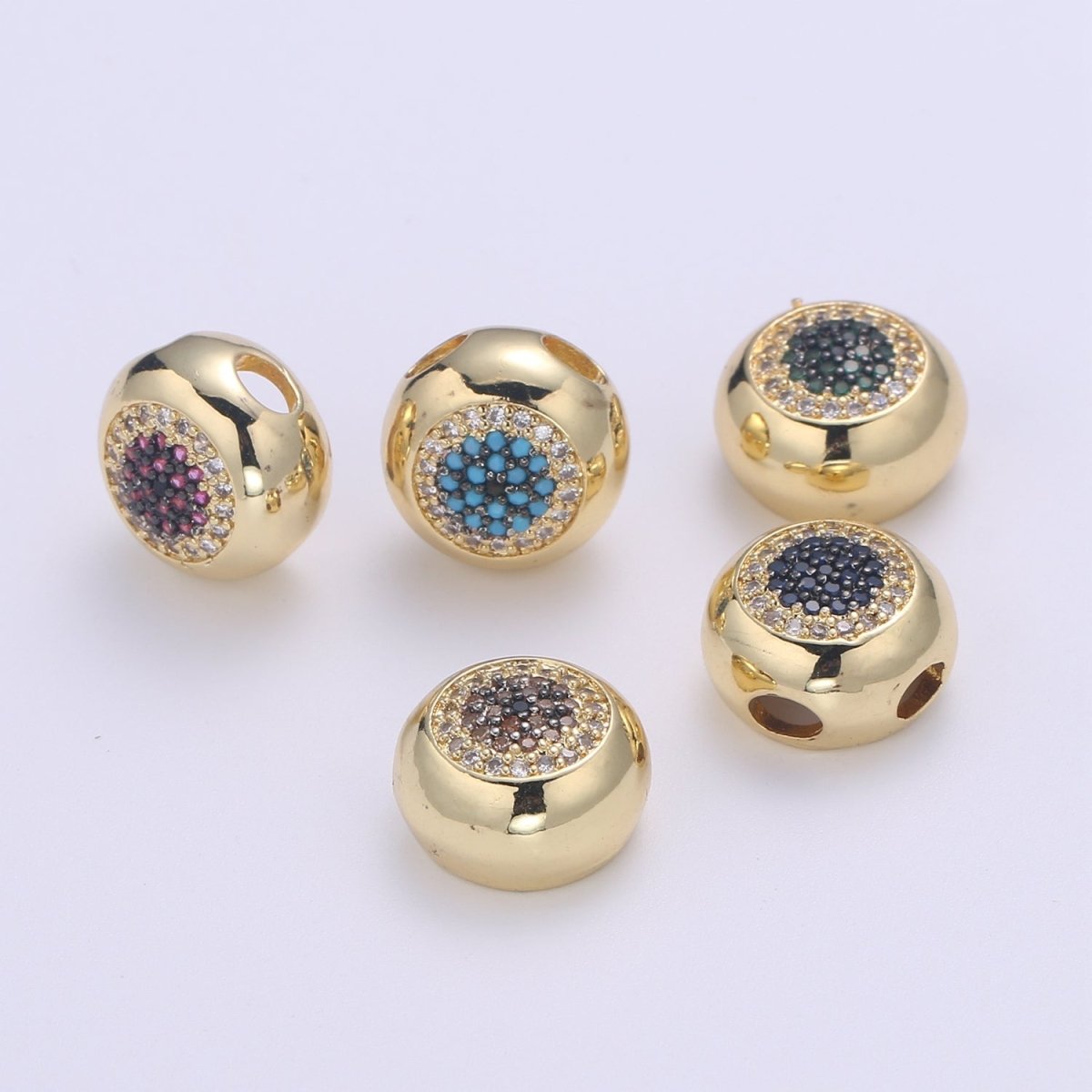 Large Hole Round Evil Eye Charm for Necklace Pendant Pave Beads, Cubic Zirconia Big Hole Spacer Beads, Large Hole Spacer Dangle Charm B-488 to B-492 - DLUXCA