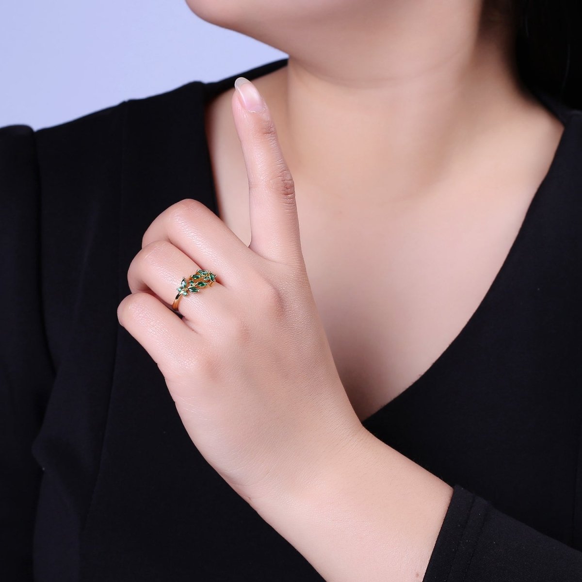 Leaf Green Gold Emerald Style Ring with Cubic Zirconia Nature Ring Dainty Green CZ Adjustable Ring U-028 S-503 - DLUXCA
