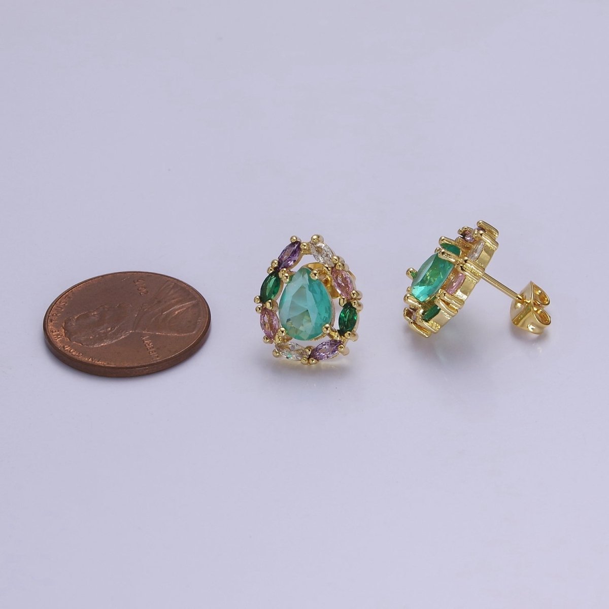 Light Mint Stud Earring - Gold CZ Earrings - Bridesmaids Bridal Wedding Jewelry V-116 - DLUXCA