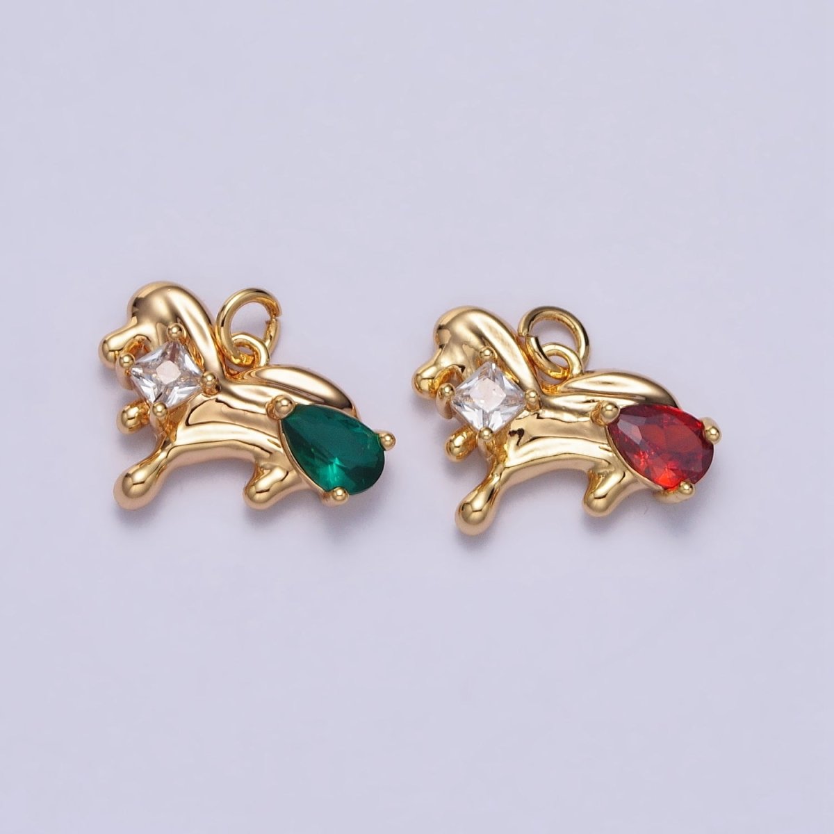 Little Dog Green, Red Teardrop CZ Animal Gold Abstract Molten Drip Charm | AC060 AC061 - DLUXCA