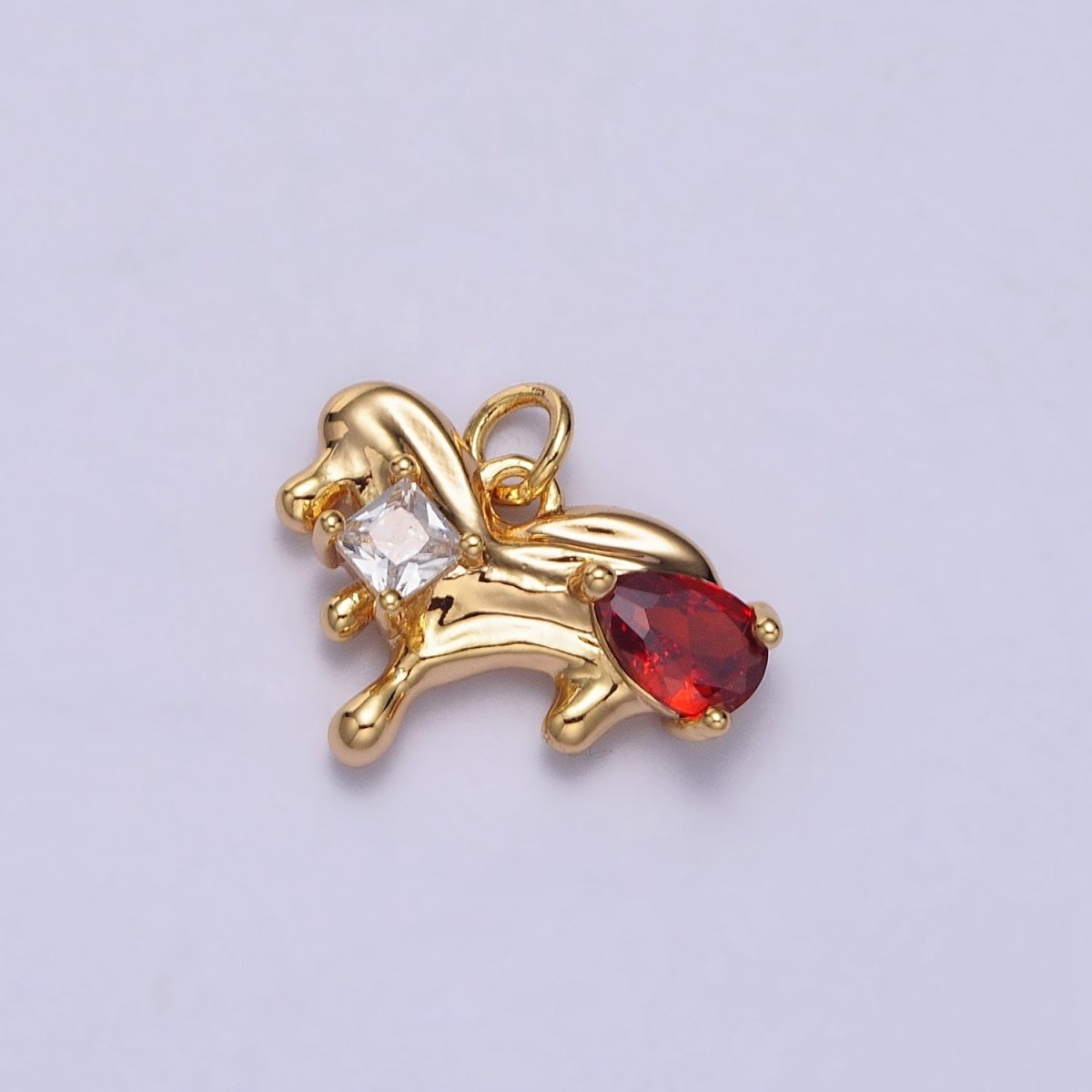 Little Dog Green, Red Teardrop CZ Animal Gold Abstract Molten Drip Charm | AC060 AC061 - DLUXCA