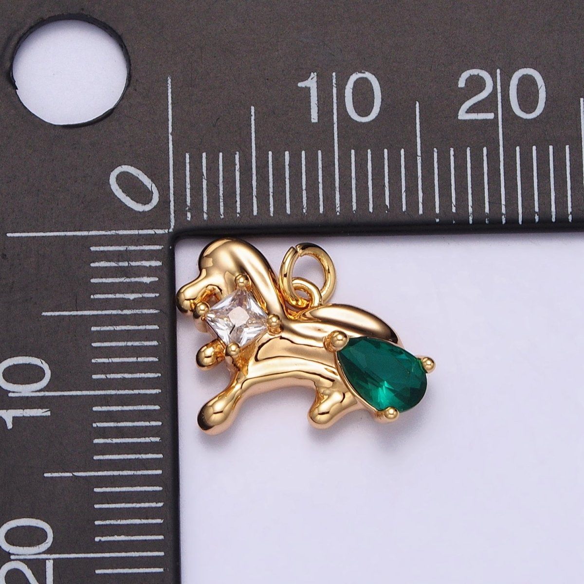 Little Dog Green, Red Teardrop CZ Animal Gold Abstract Molten Drip Charm | AC060 AC061 - DLUXCA