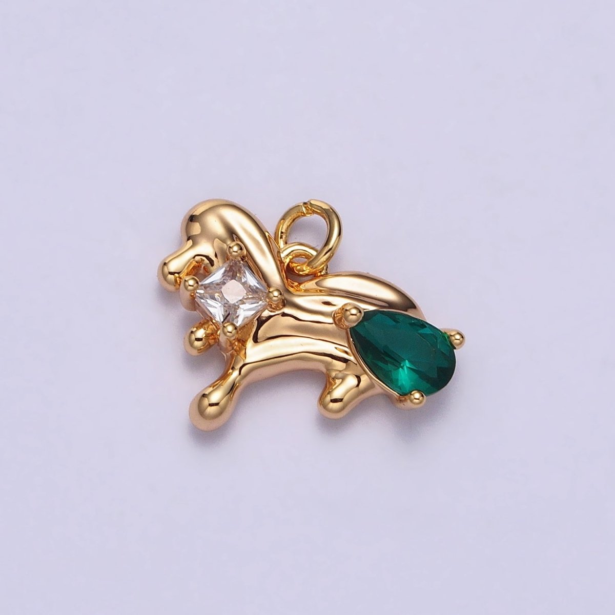 Little Dog Green, Red Teardrop CZ Animal Gold Abstract Molten Drip Charm | AC060 AC061 - DLUXCA