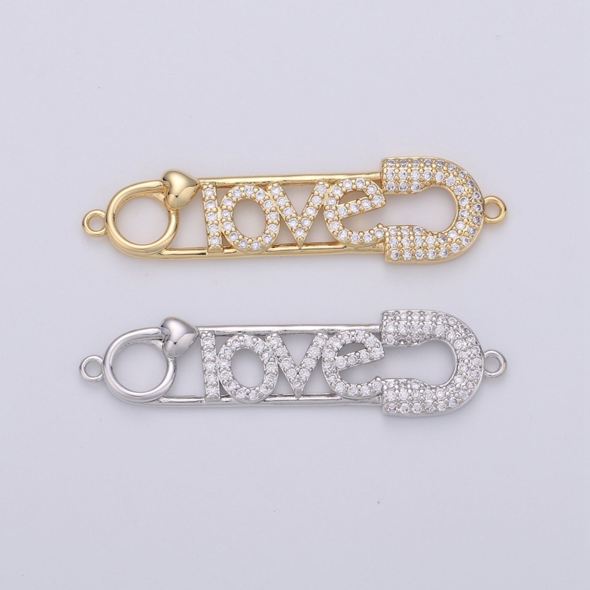 Love Safety Pin Connector , CZ Micro Pave, Gold Safety Pin Bracelet Connector in 24k Gold Filled Charm Connector Cubic Link 40x10mm, D-078 D-079 - DLUXCA