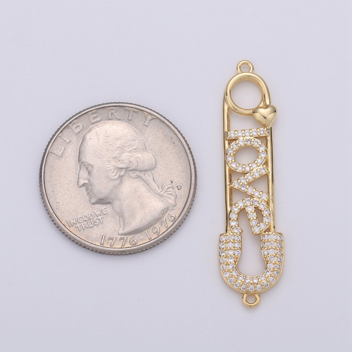 Love Safety Pin Connector , CZ Micro Pave, Gold Safety Pin Bracelet Connector in 24k Gold Filled Charm Connector Cubic Link 40x10mm, D-078 D-079 - DLUXCA