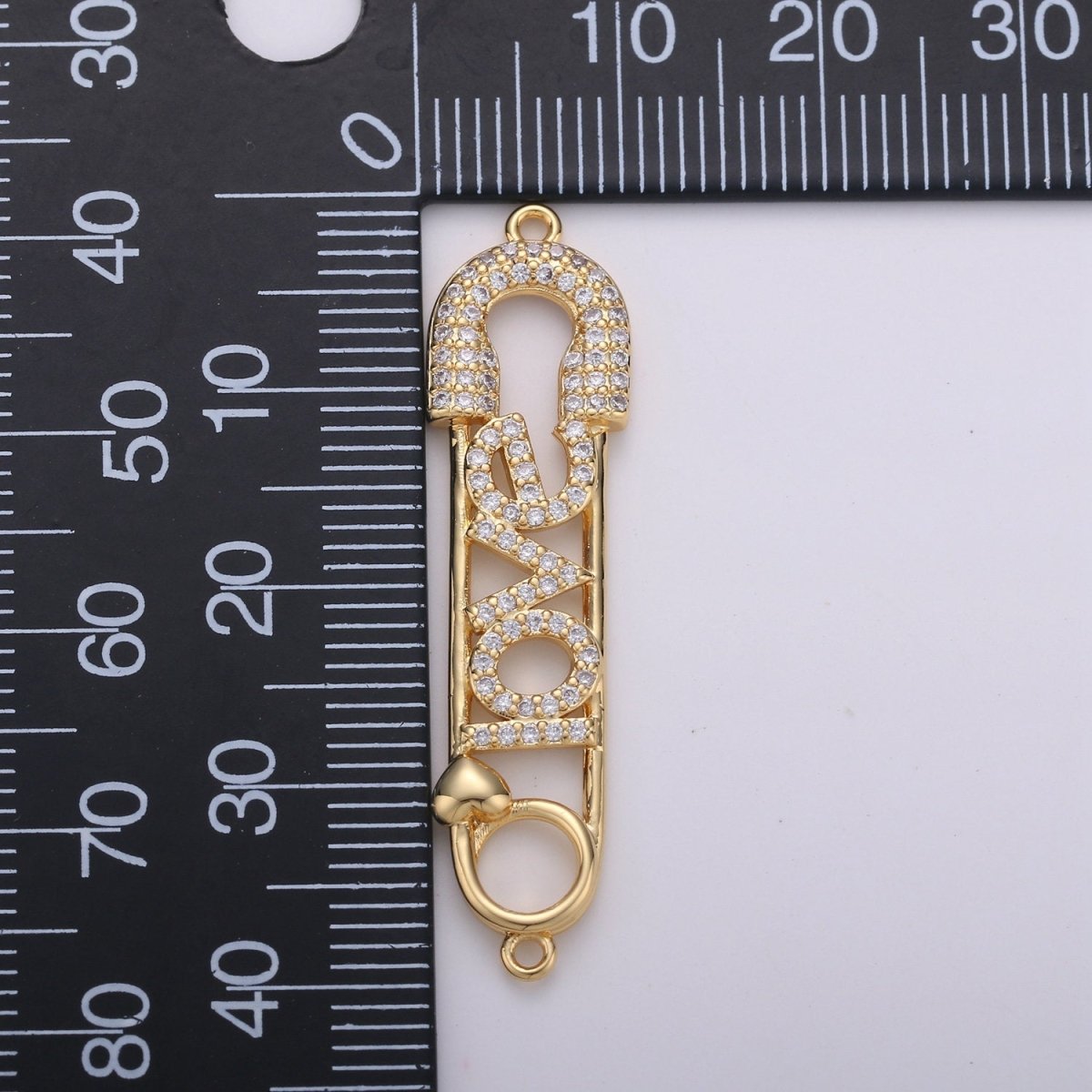Love Safety Pin Connector , CZ Micro Pave, Gold Safety Pin Bracelet Connector in 24k Gold Filled Charm Connector Cubic Link 40x10mm, D-078 D-079 - DLUXCA