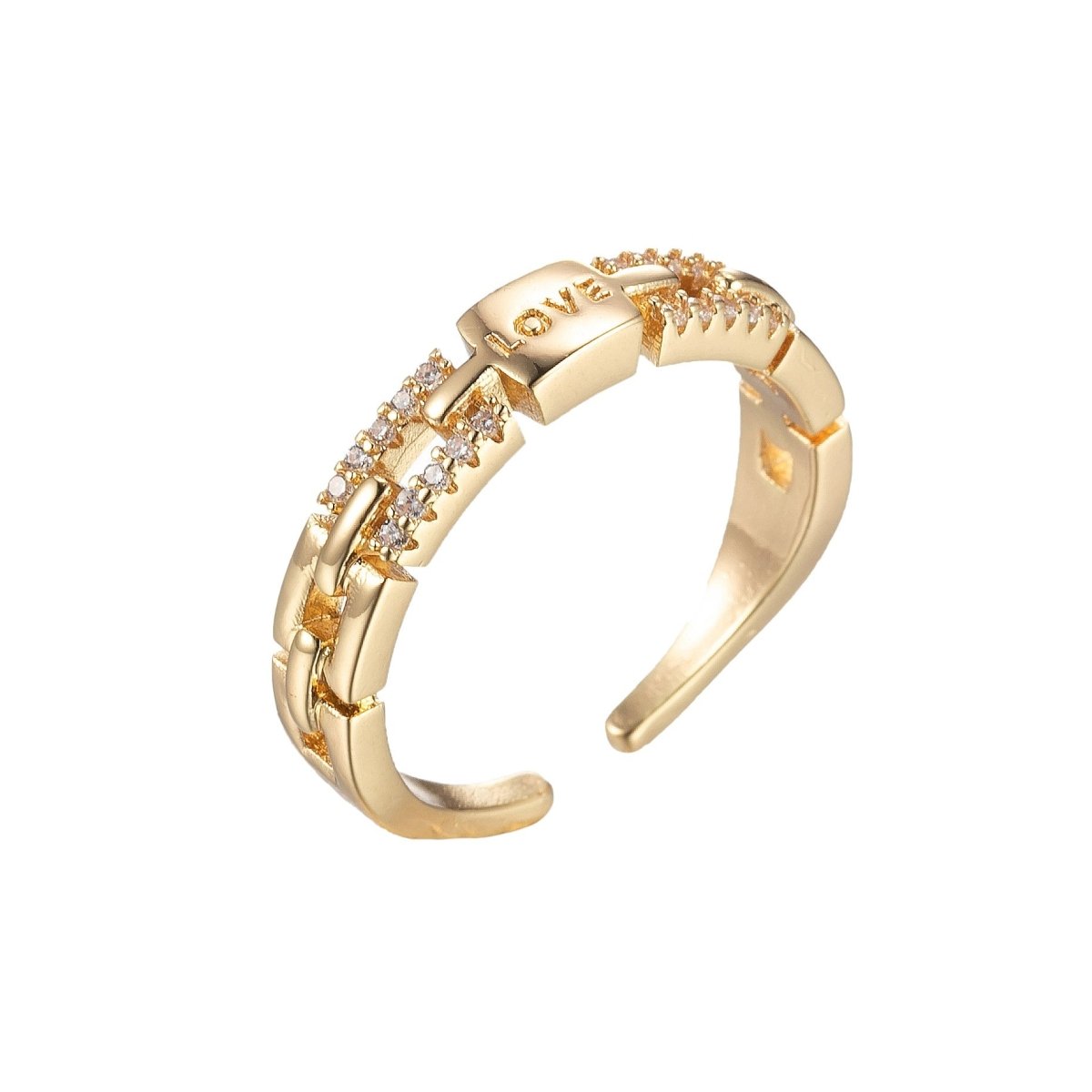 Love Words Ring Micro Pave Adjustable Gold Open Ring O-974 - DLUXCA
