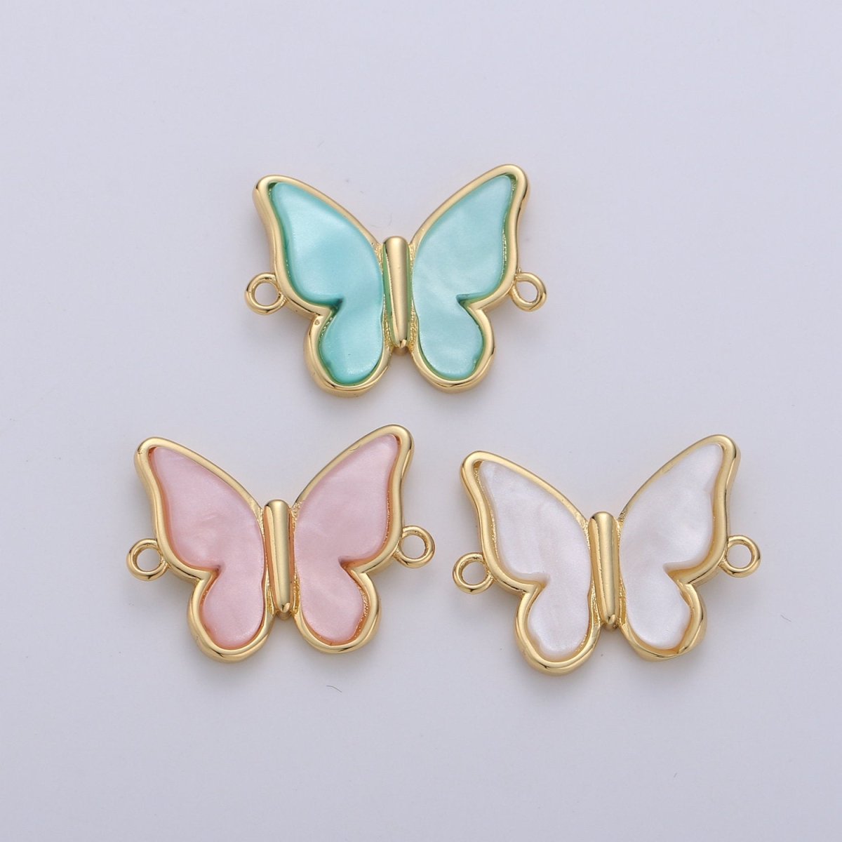 Mariposa Charm Butterfly Charms, Mother Of Pearl Butterfly Teal, Pink Butterfly Bracelet Necklace Connector Polished Gold Plated over Brass F-384 - F-386 - DLUXCA
