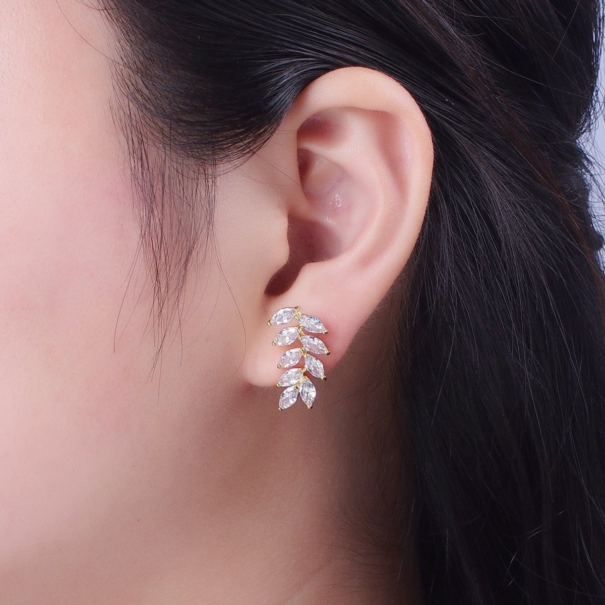 Marquise Cubic Zirconia Mother Nature Olive Leaf Gold Ear Climber Earrings | X894 - DLUXCA