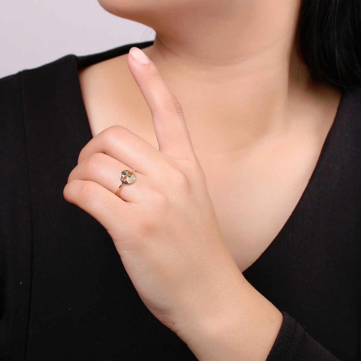 Mask 18k Gold Ring, Adjustable Gold Curb Ring, Simple Round Ring, Halloween Ring R-260 - DLUXCA