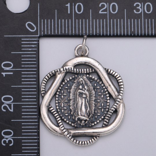Medallion Pendant 925 Sterling Silver Virgin Mary Charm, Round Disc Charm Religious Charm for Necklace Bracelet Earring, Mother Mariah Charm, SL-HJ-68 - DLUXCA