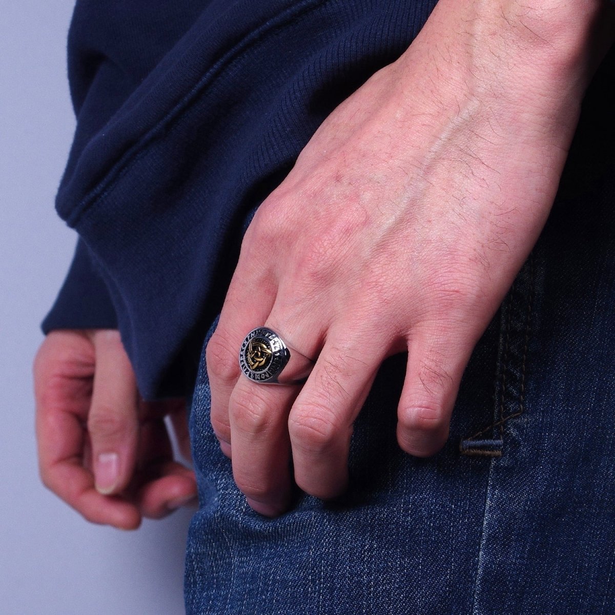 Men's Stainless Steel Valknut Rune Norse Celtic Triquetra Knot Signet Ring in Mixed Metal & Silver | O-1849 O-1850 O-1851 O-1852 - DLUXCA