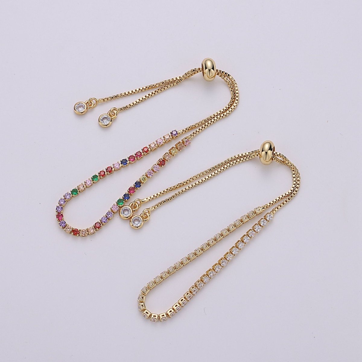 Micro Pave Adjustable Bracelet, Rainbow Clear CZ Cubic Bracelet Gold tennis bracelet in 14k Gold Filled Chain | K-546 K-547 - DLUXCA