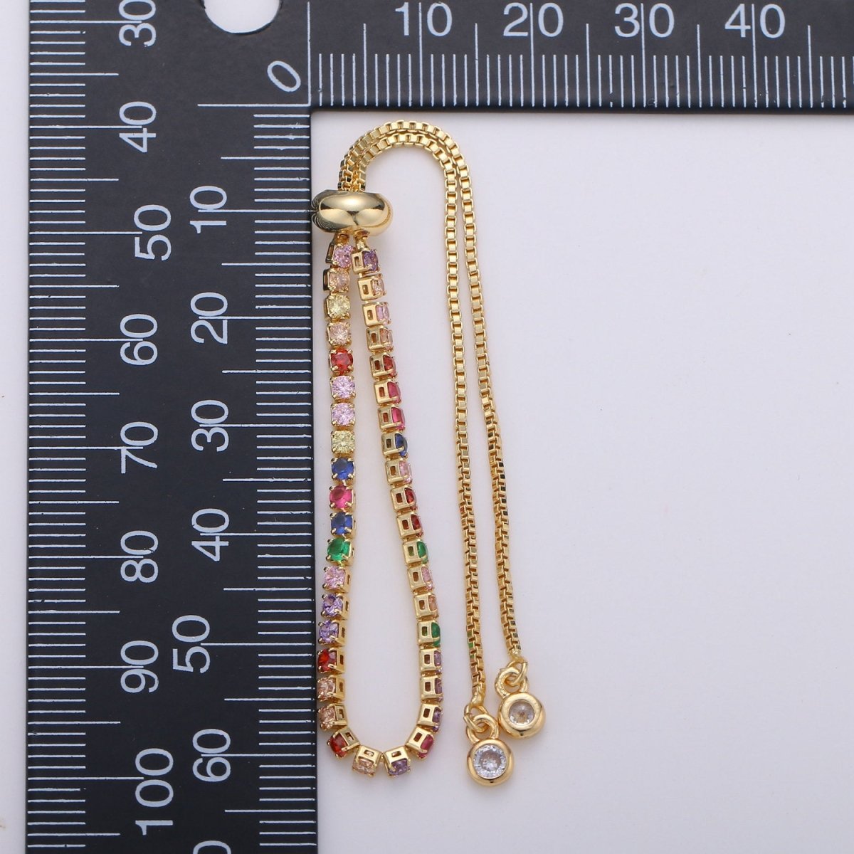 Micro Pave Adjustable Bracelet, Rainbow Clear CZ Cubic Bracelet Gold tennis bracelet in 14k Gold Filled Chain | K-546 K-547 - DLUXCA