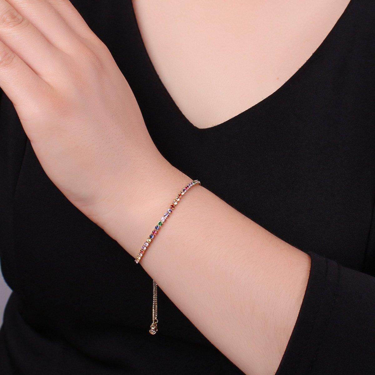 Micro Pave Adjustable Bracelet, Rainbow Clear CZ Cubic Bracelet Gold tennis bracelet in 14k Gold Filled Chain | K-546 K-547 - DLUXCA