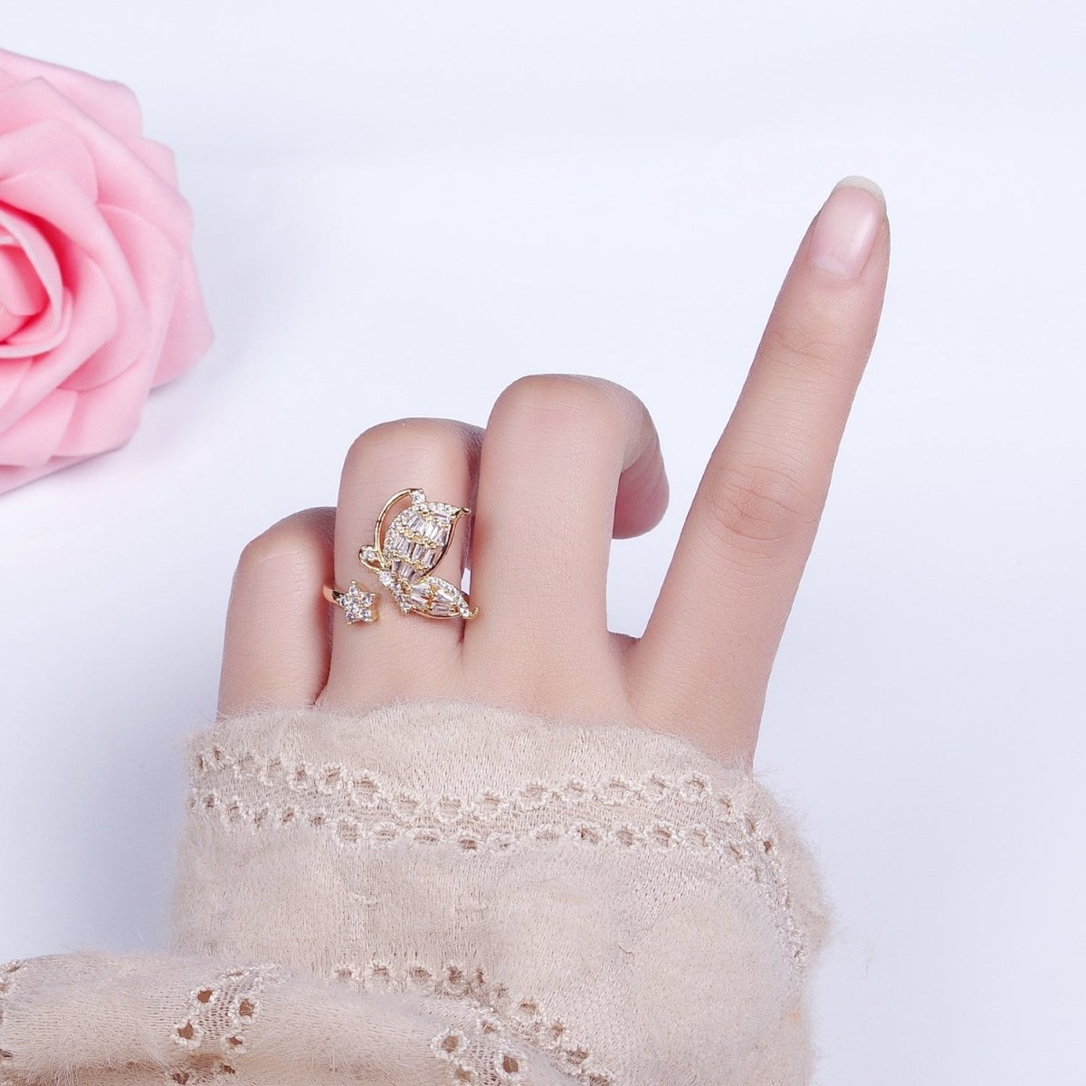 Micro Pave Butterfly Rings, Designer Baguette Mariposa Ring Open Adjustable R-099 R-117 - DLUXCA