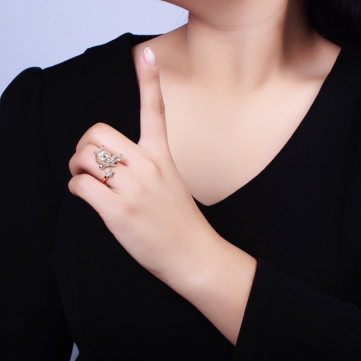 Micro Pave Butterfly Rings, Designer Baguette Mariposa Ring Open Adjustable R-099 R-117 - DLUXCA
