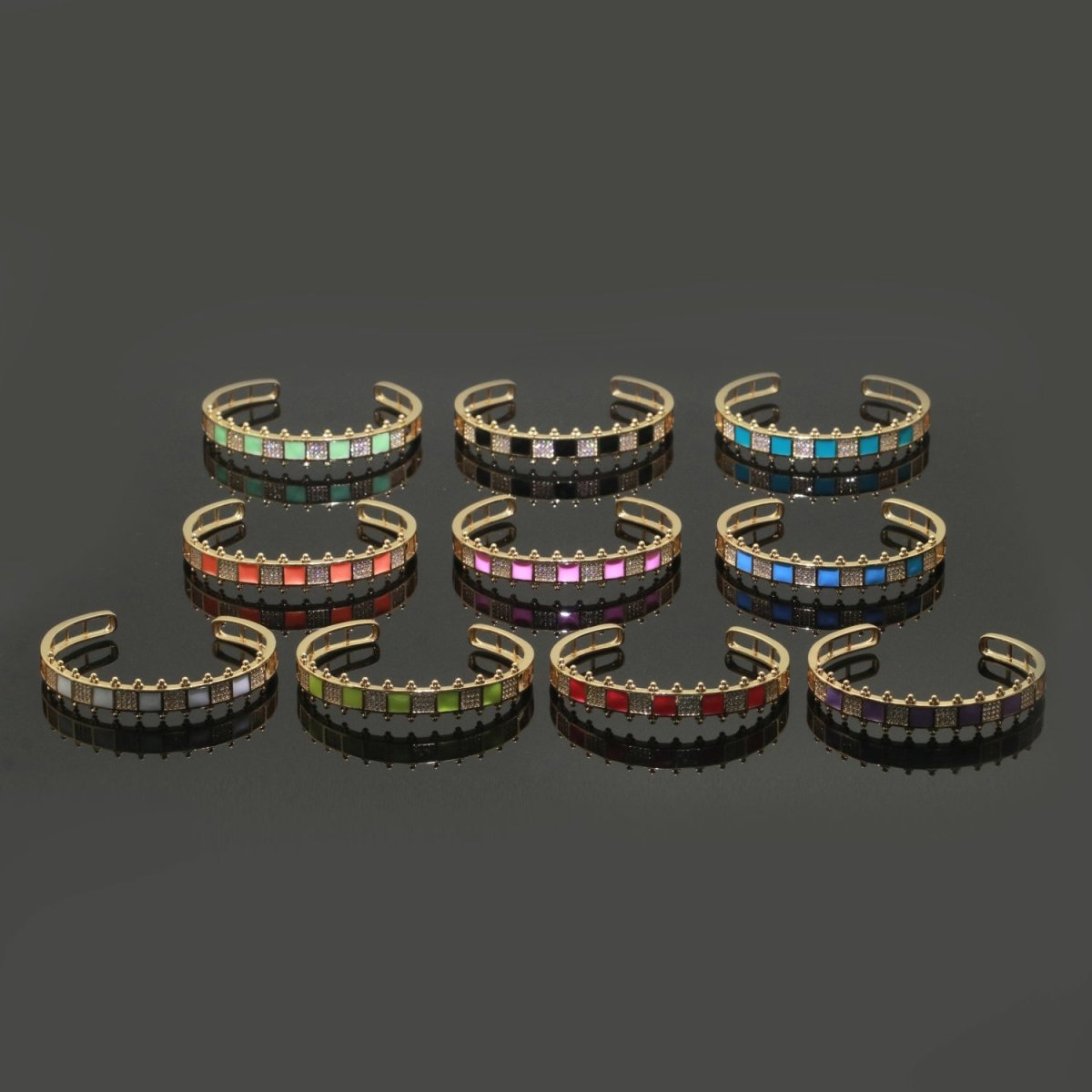 Micro Pave Checker Cuff Bracelet, 14K Gold Filled Bangle Enamel Bracelet Adjustable Bracelet | WA-163 to WA-172 Clearance Pricing - DLUXCA