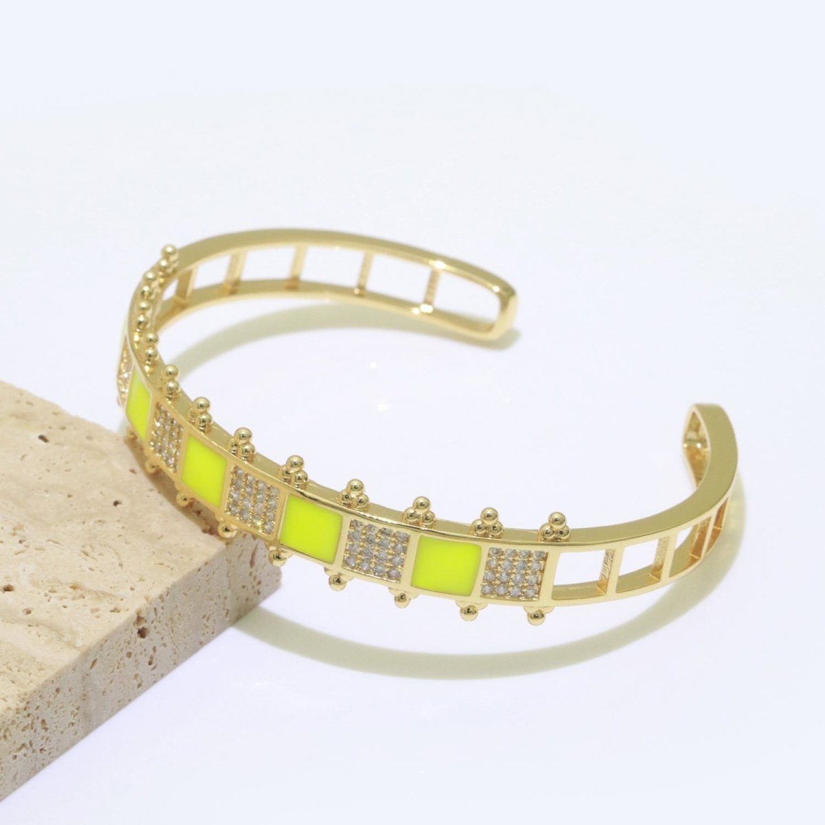 Micro Pave Checker Cuff Bracelet, 14K Gold Filled Bangle Enamel Bracelet Adjustable Bracelet | WA-163 to WA-172 Clearance Pricing - DLUXCA