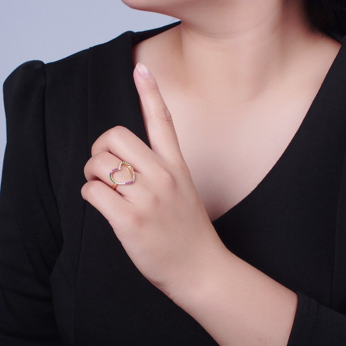 Micro Pave Clear Fuchsia Green Cubic Zirconia Heart Adjustable Gold Ring | O-479 - DLUXCA