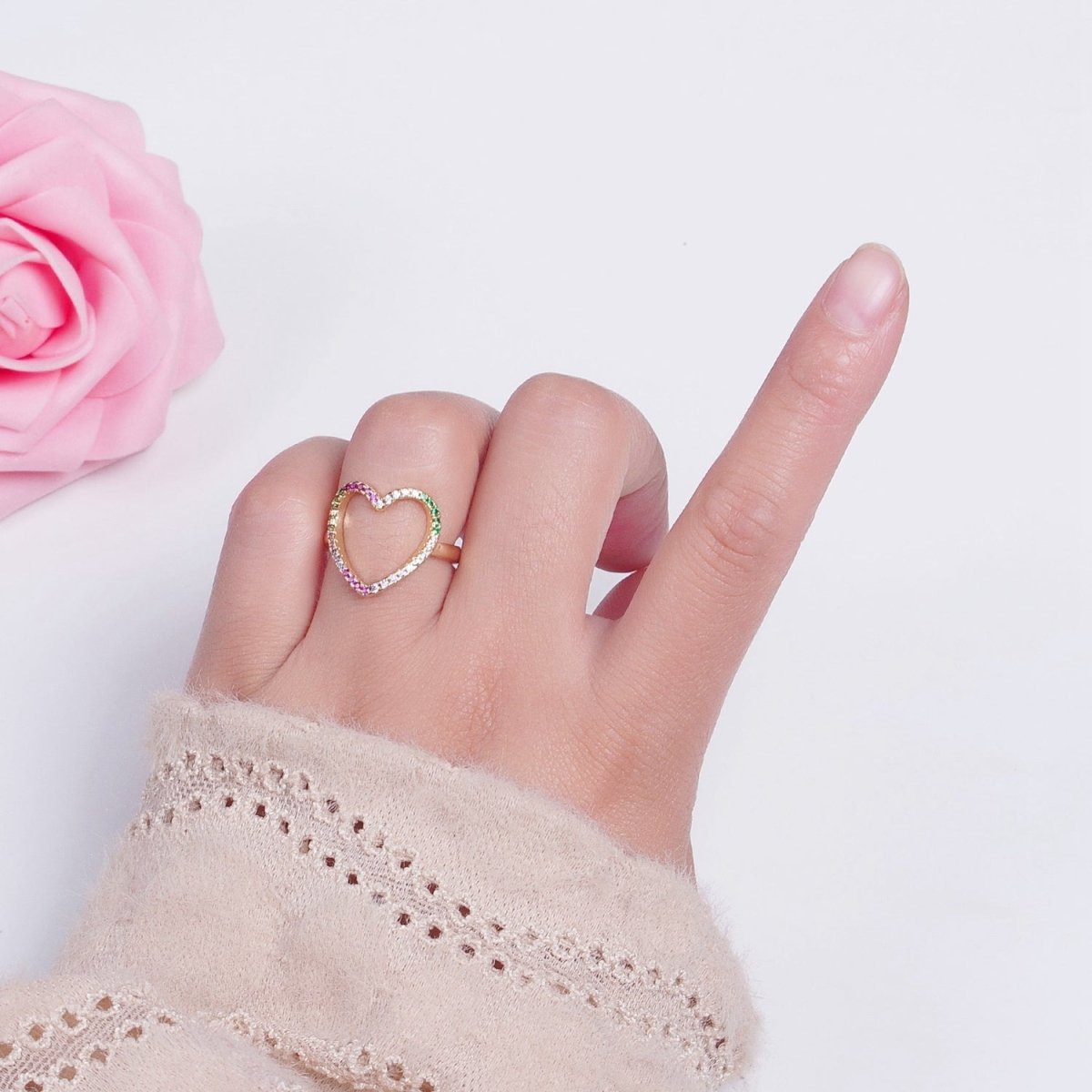 Micro Pave Clear Fuchsia Green Cubic Zirconia Heart Adjustable Gold Ring | O-479 - DLUXCA