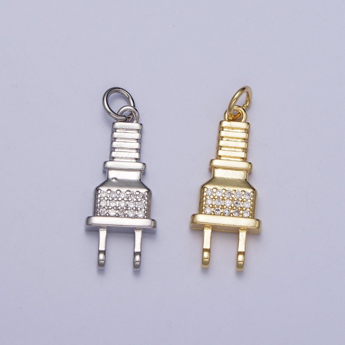Micro Pave Cubic Zirconia Electric Two Prong Power Cord Plug Charm For Jewelry Making in Gold & Silver AG-131 AG-132 - DLUXCA