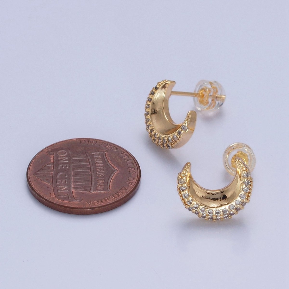 Micro Pave Cubic Zirconia Gold Celestial Crescent Moon Stud Earrings P-326 - DLUXCA