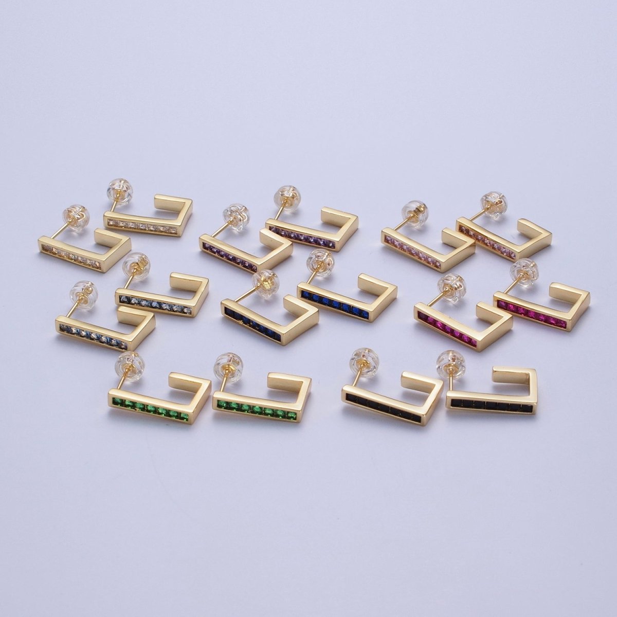 Micro Pave Cubic Zirconia Gold J Shaped Block Square Hoop Stud Earrings | X-868-X-875 - DLUXCA