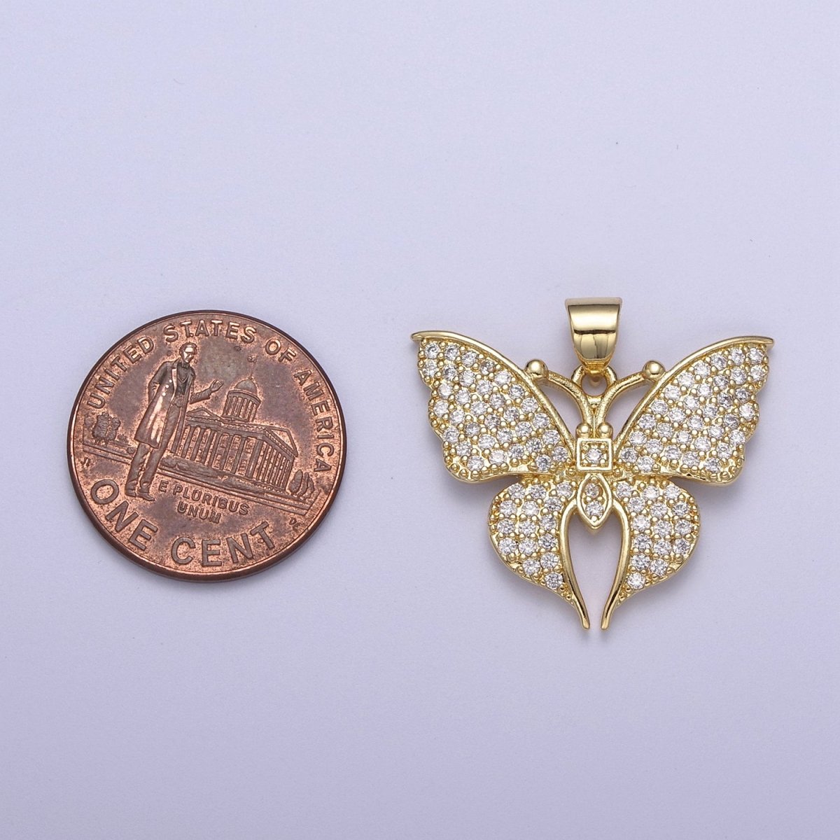 Micro Pave CZ Butterfly Charm Gold Cubic Zirconia Monarch Pendant in 14k Gold Filled H-485 - DLUXCA
